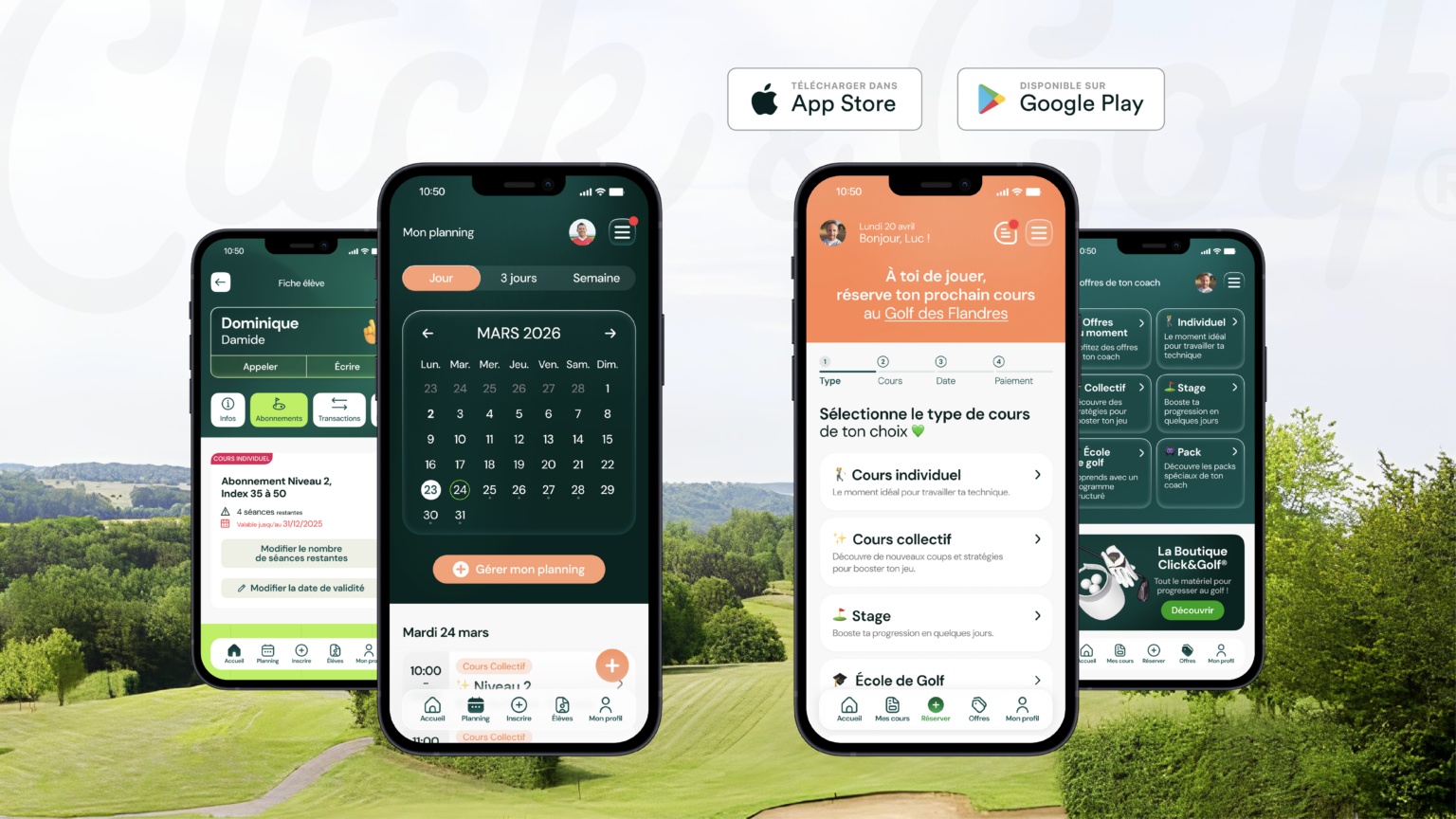 Maquettes de l'application mobile Click & Golf affichées sur smartphone, conçue et développée par l'agence Paoma pour les coachs de golf.