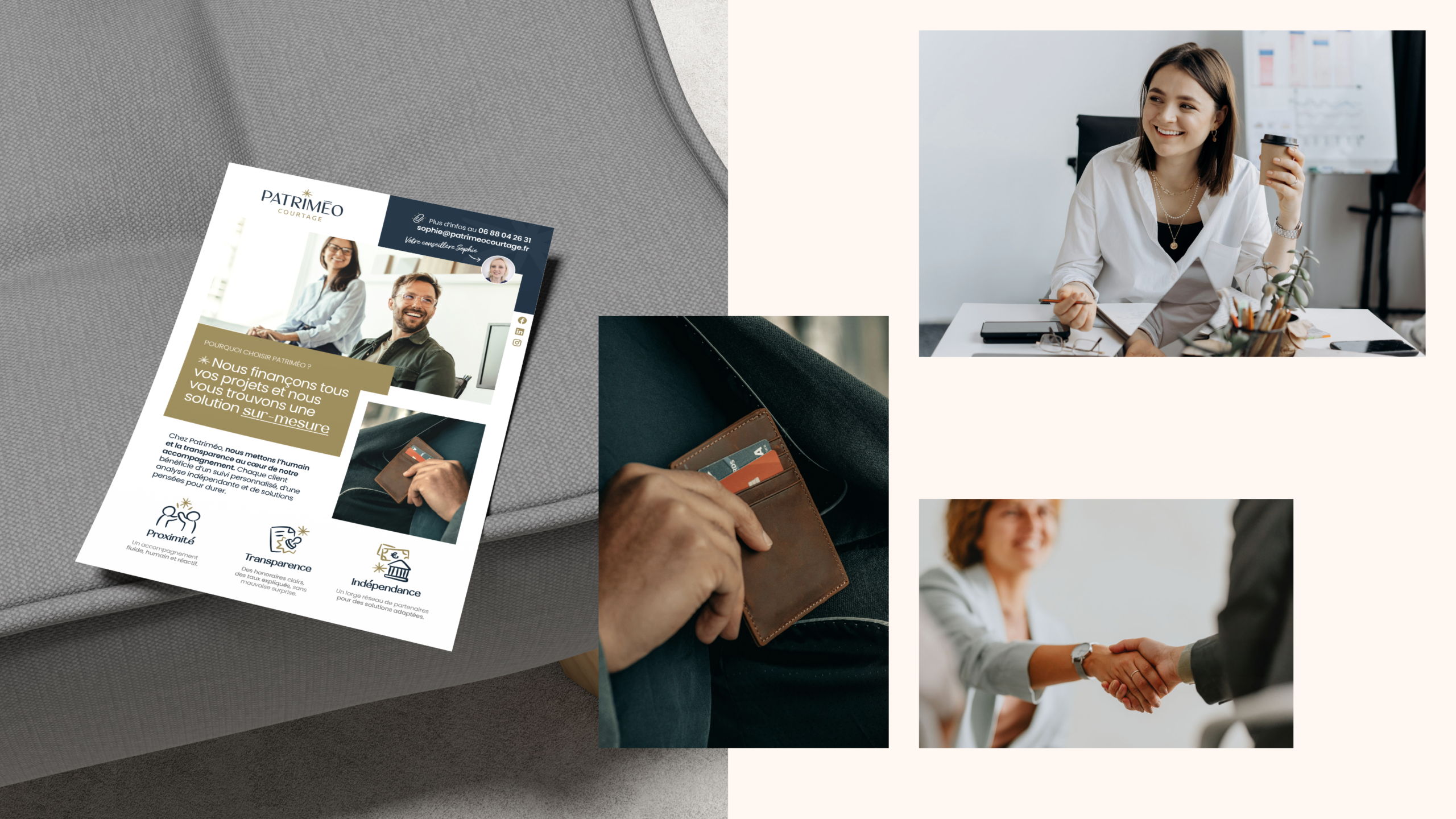 Identité graphique et interface web conçues par PAOMA® pour un cabinet financier.