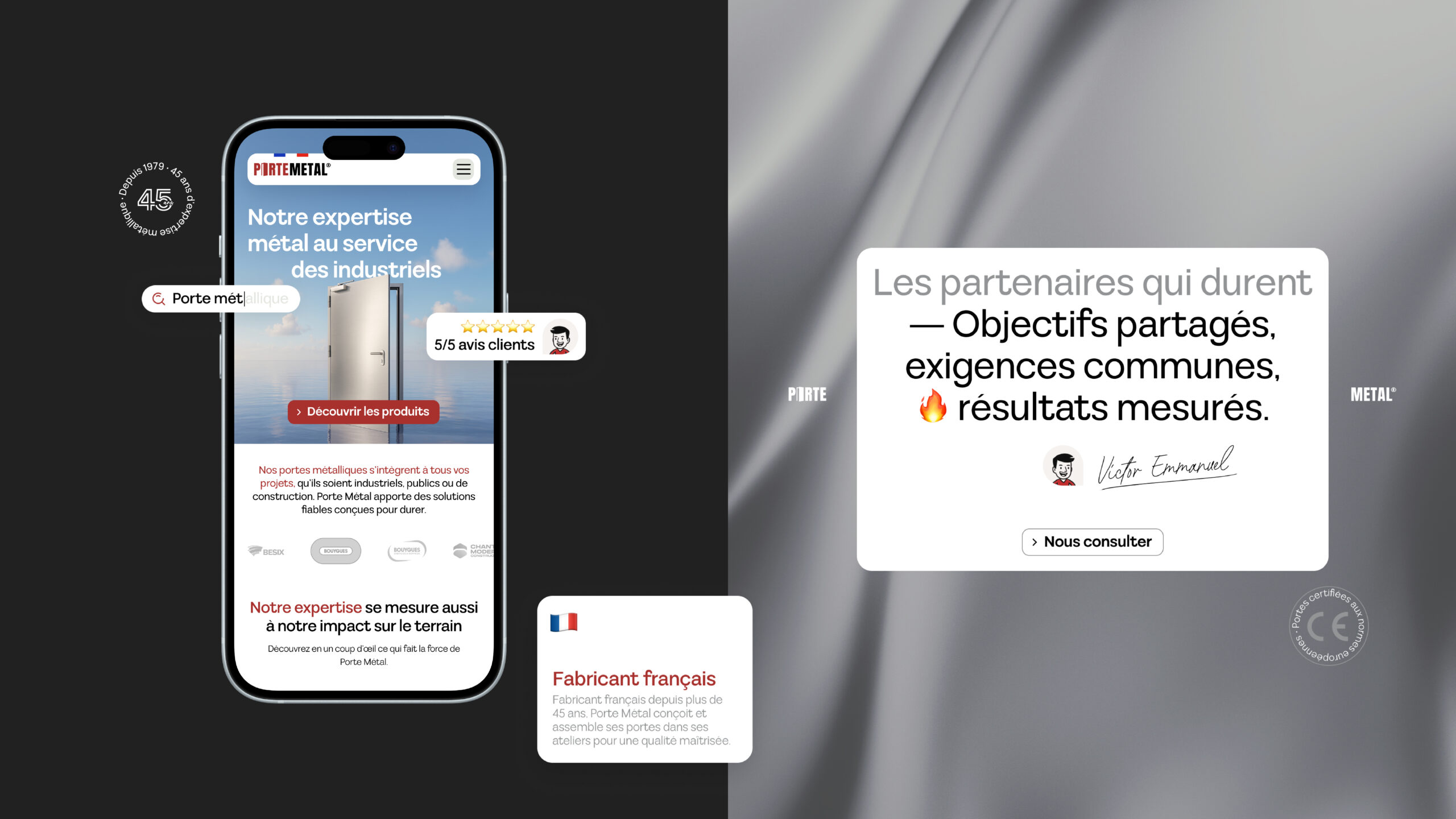 Page produit du site Porte Métal mettant en avant les caractéristiques techniques des solutions proposées.